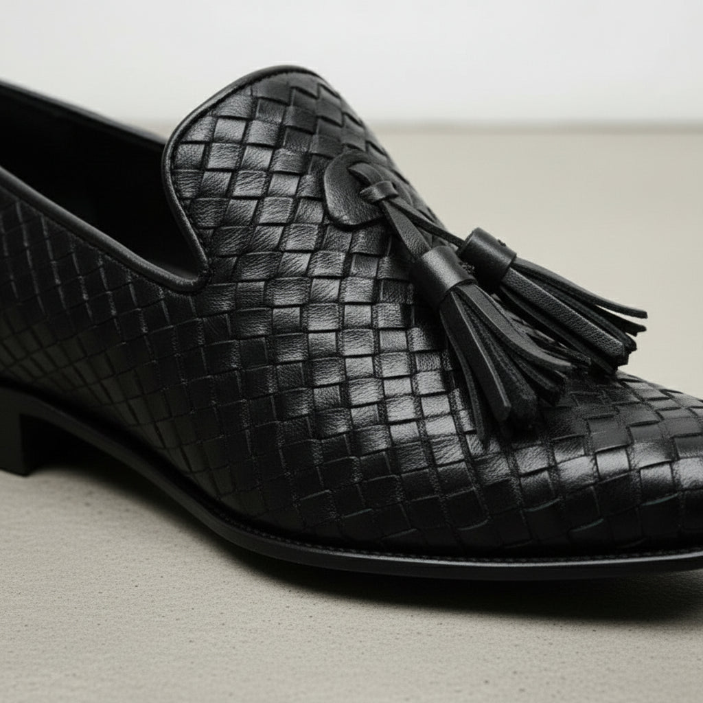 Handcrafted Black Leather Knitted Dress Shoes for Men