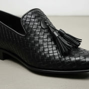 Handcrafted Black Leather Knitted Dress Shoes for Men