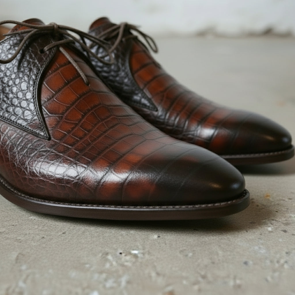 Brown Crocodile-Embossed Leather Derby Shoes — Brockett