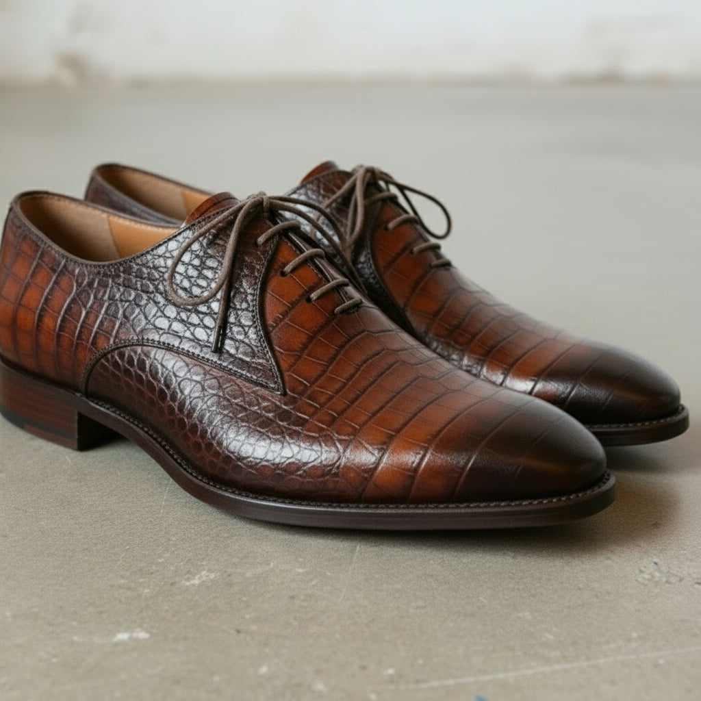 Handcrafted Men's Crocodile Leather Lace-Up Dress Shoes