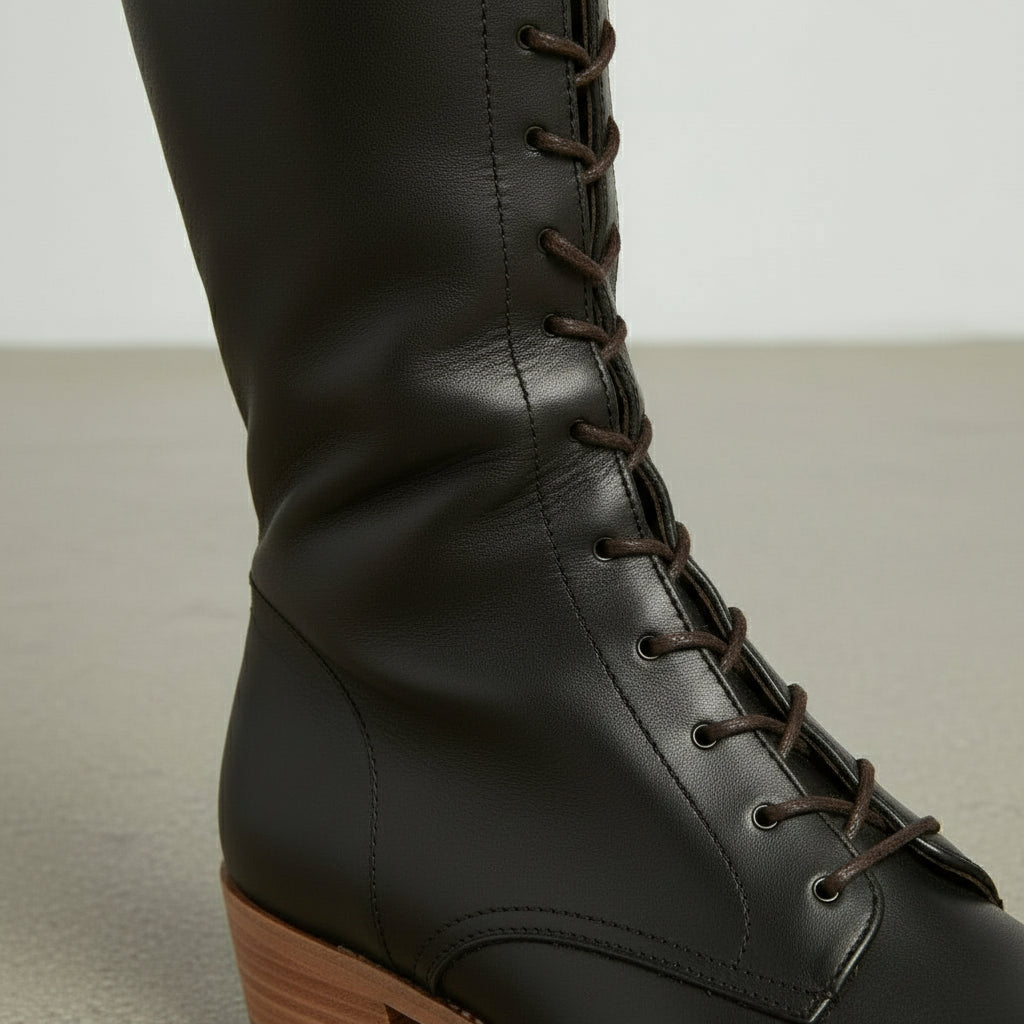 Handcrafted Black Leather Knee-High Boots for Women with Lace-Up Detail