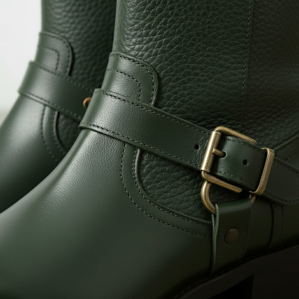 Women's Handmade Dark Green Artisan Moto- Harness Leather Ankle Boots
