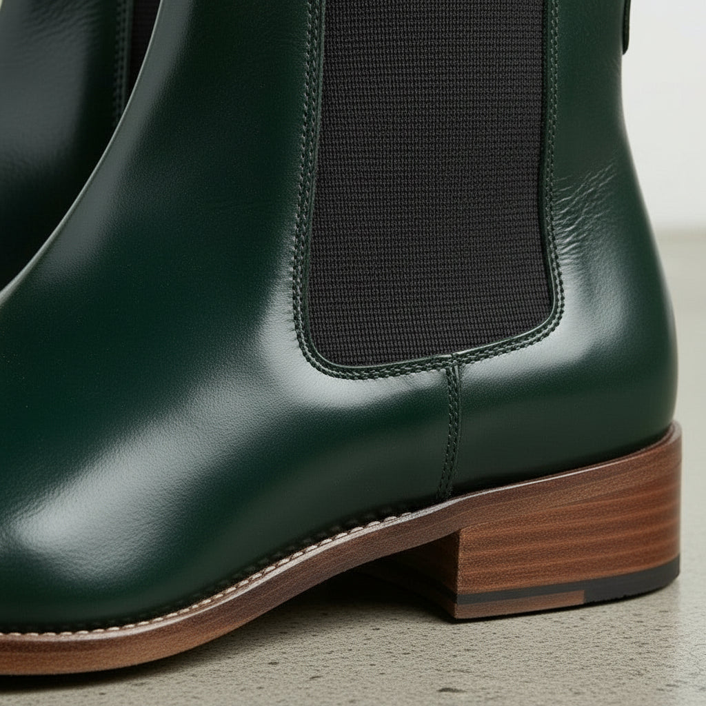 Women's Dark Green Plain-Toe Leather Chelsea Boots