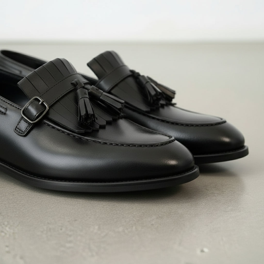 Men's Black Full-Grain Leather Fringe Buckle Loafers