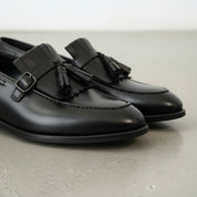 Men's Black Full-Grain Leather Fringe Buckle Loafers