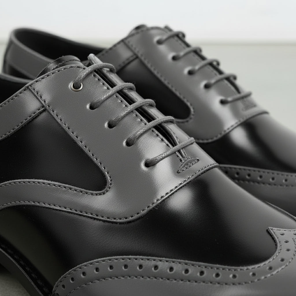 Handcrafted Black and Gray Wingtip Formal Leather Shoes