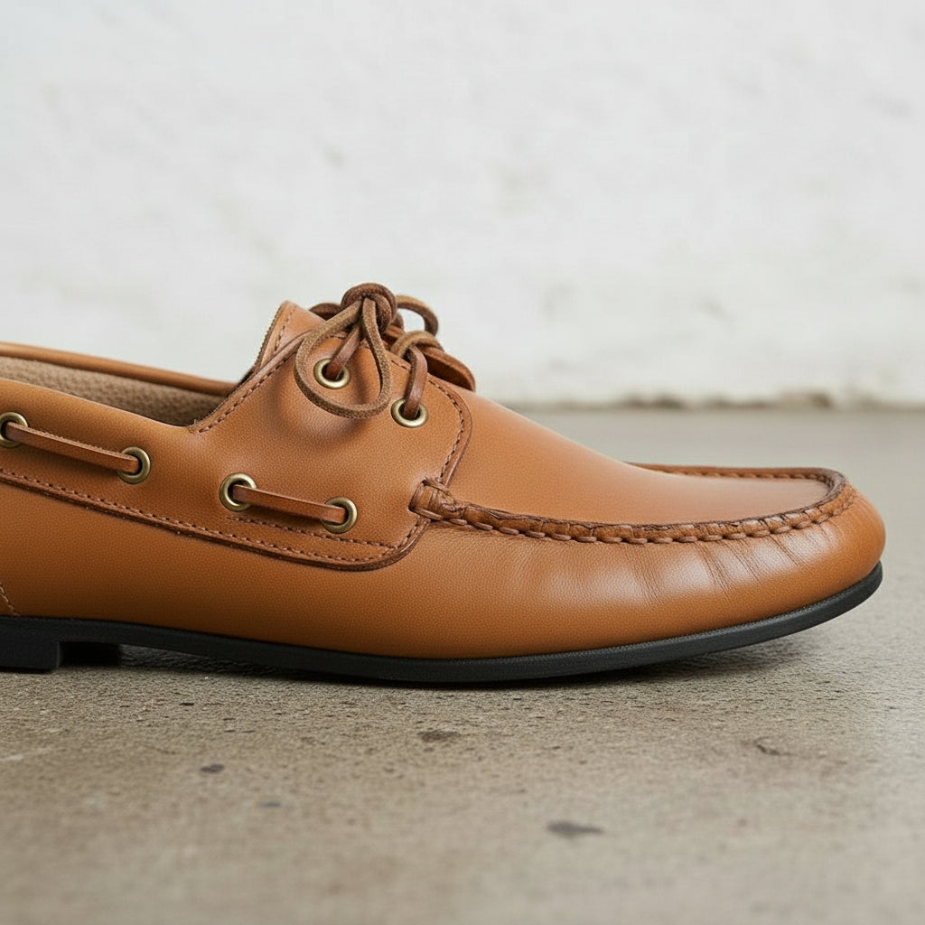 Men's Tan Apron-Toe Leather Boat Shoes — Lumsden