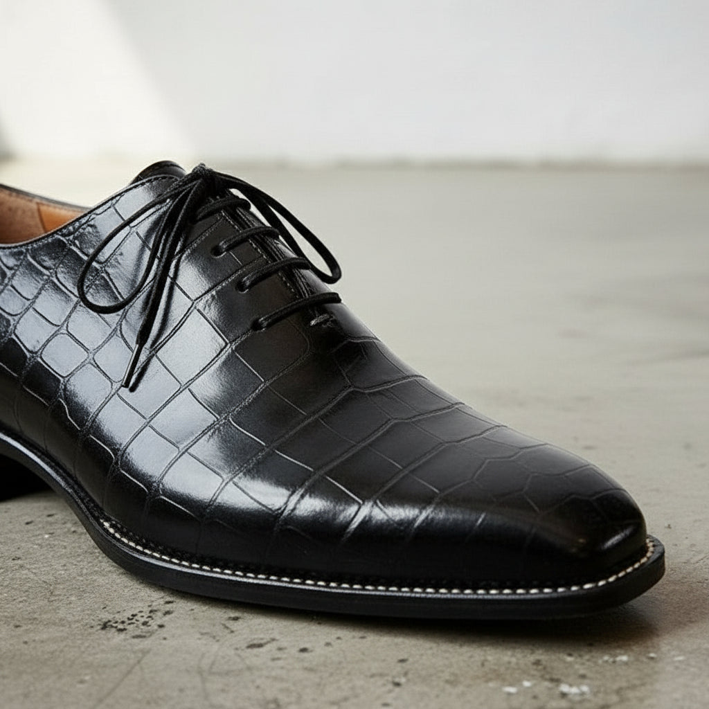 Men's Black Alligator-Embossed Leather Oxfords - Ashridge Rebels Market Men's Black Alligator-Embossed Leather Oxfords - Ashridge Rebels Market