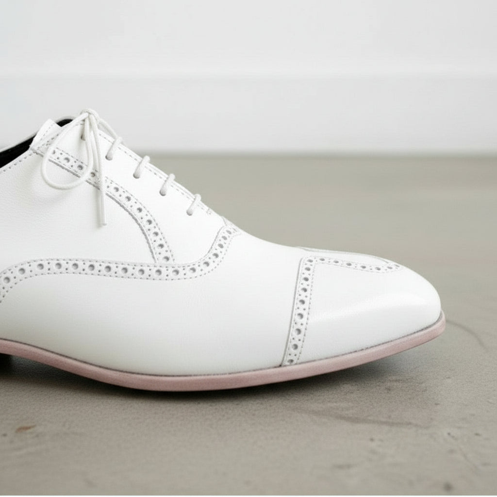 Men's White Wingtip Lace-Up Full-Grain Leather Dress Shoes