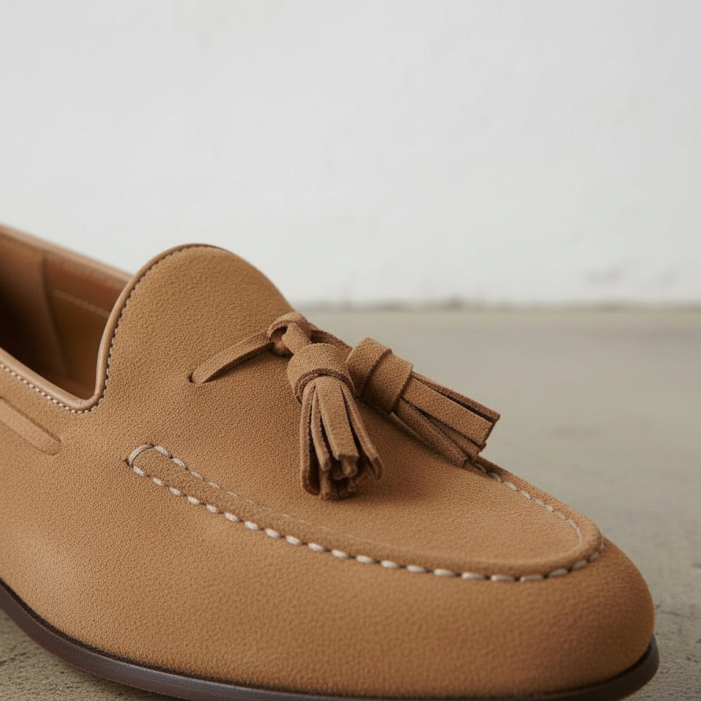 Handmade Men's Beige Suede Tassel Loafers