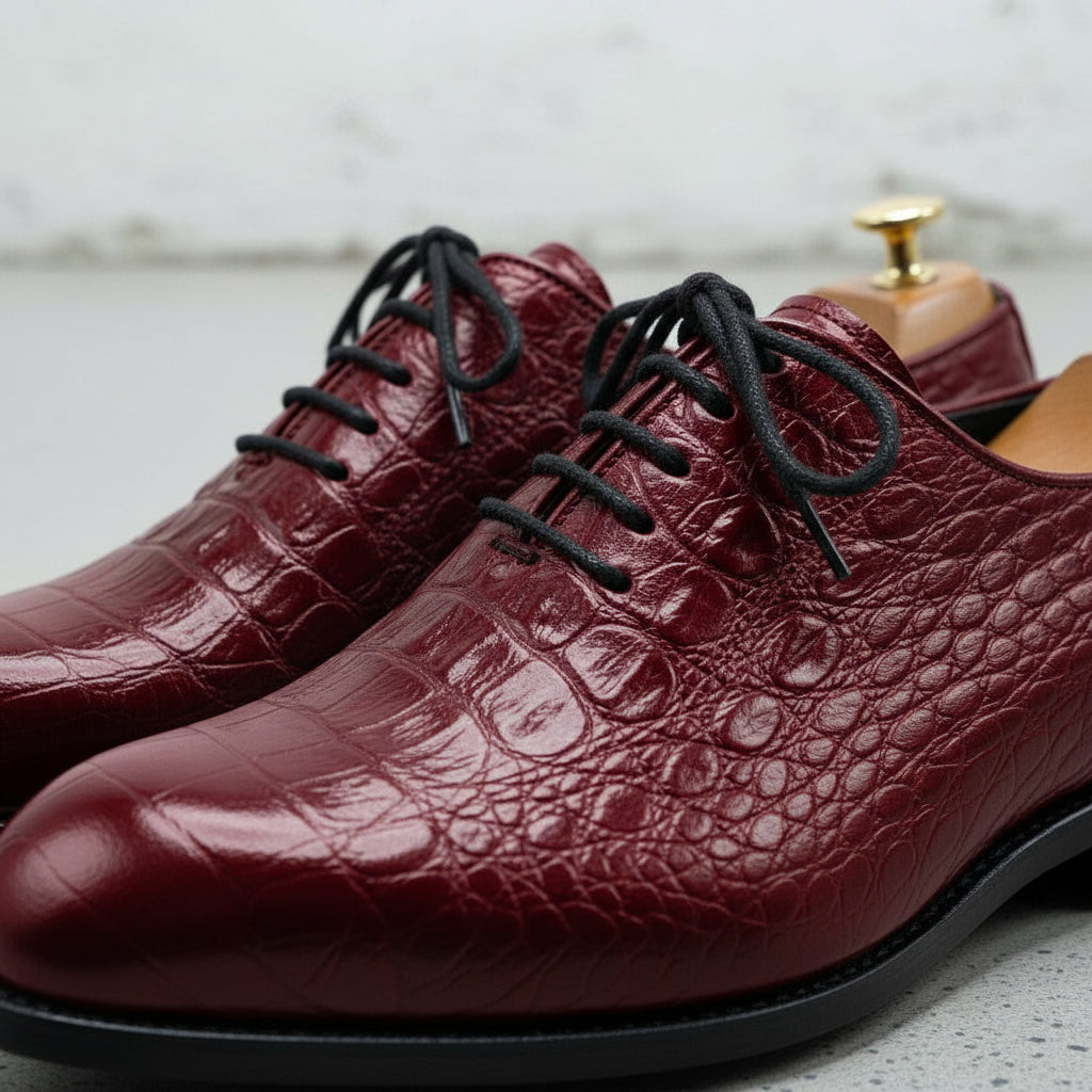 Handcrafted Men's Burgundy Alligator Leather Oxford Shoes