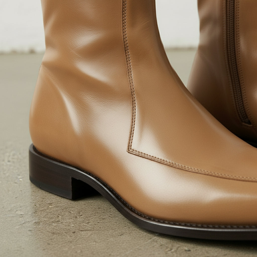 Men's Tan Apron-Toe Leather Boots