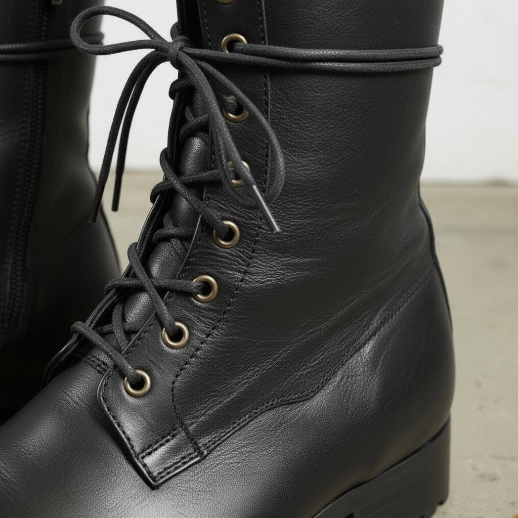 Men's Black Cap-Toe Leather Knee-High Lace-Up Boots