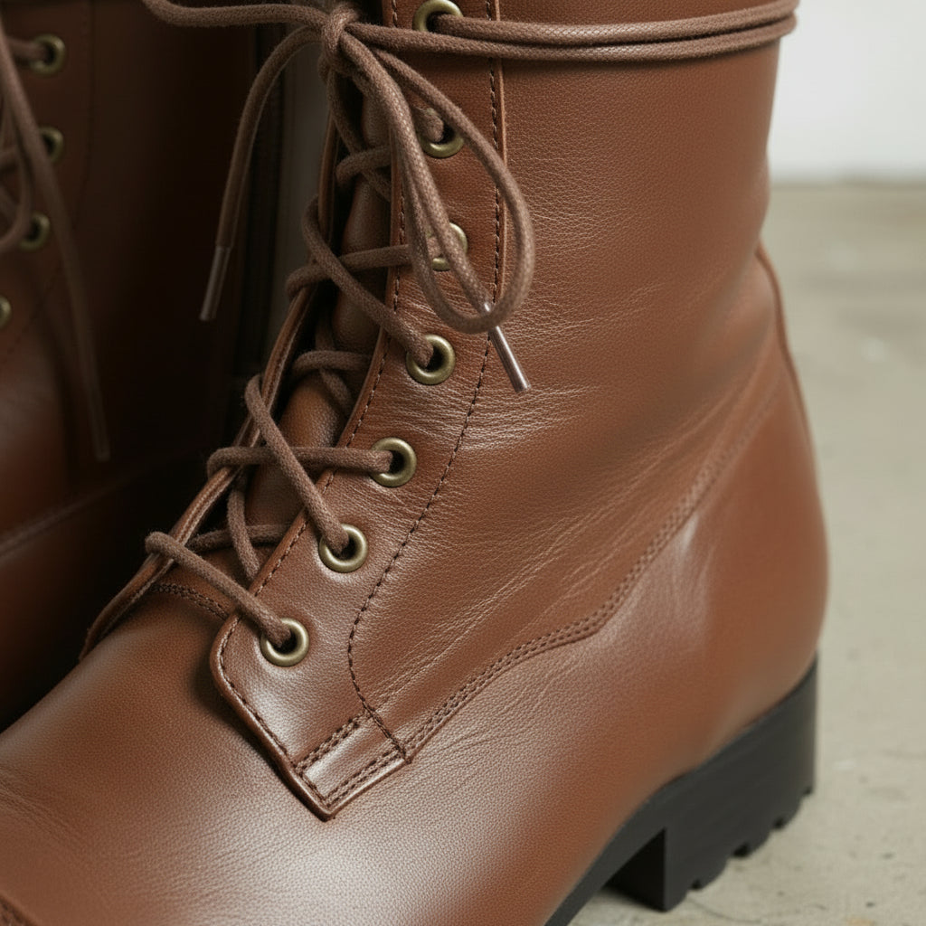 Men's Brown Cap-Toe Leather Knee-High Lace-Up Boots