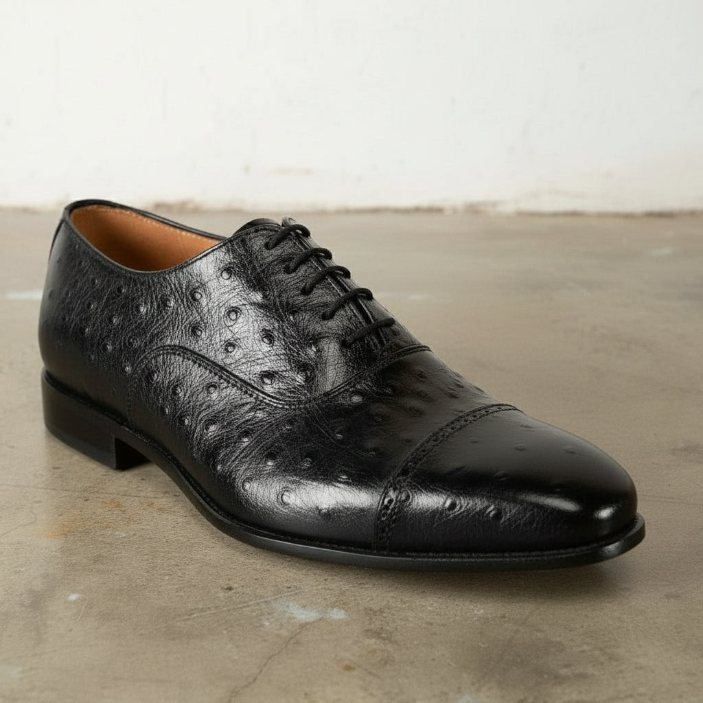 Men's Black Cap-Toe Ostrich-Embossed Leather Oxfords