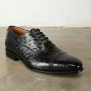 Men's Black Cap-Toe Ostrich-Embossed Leather Oxfords