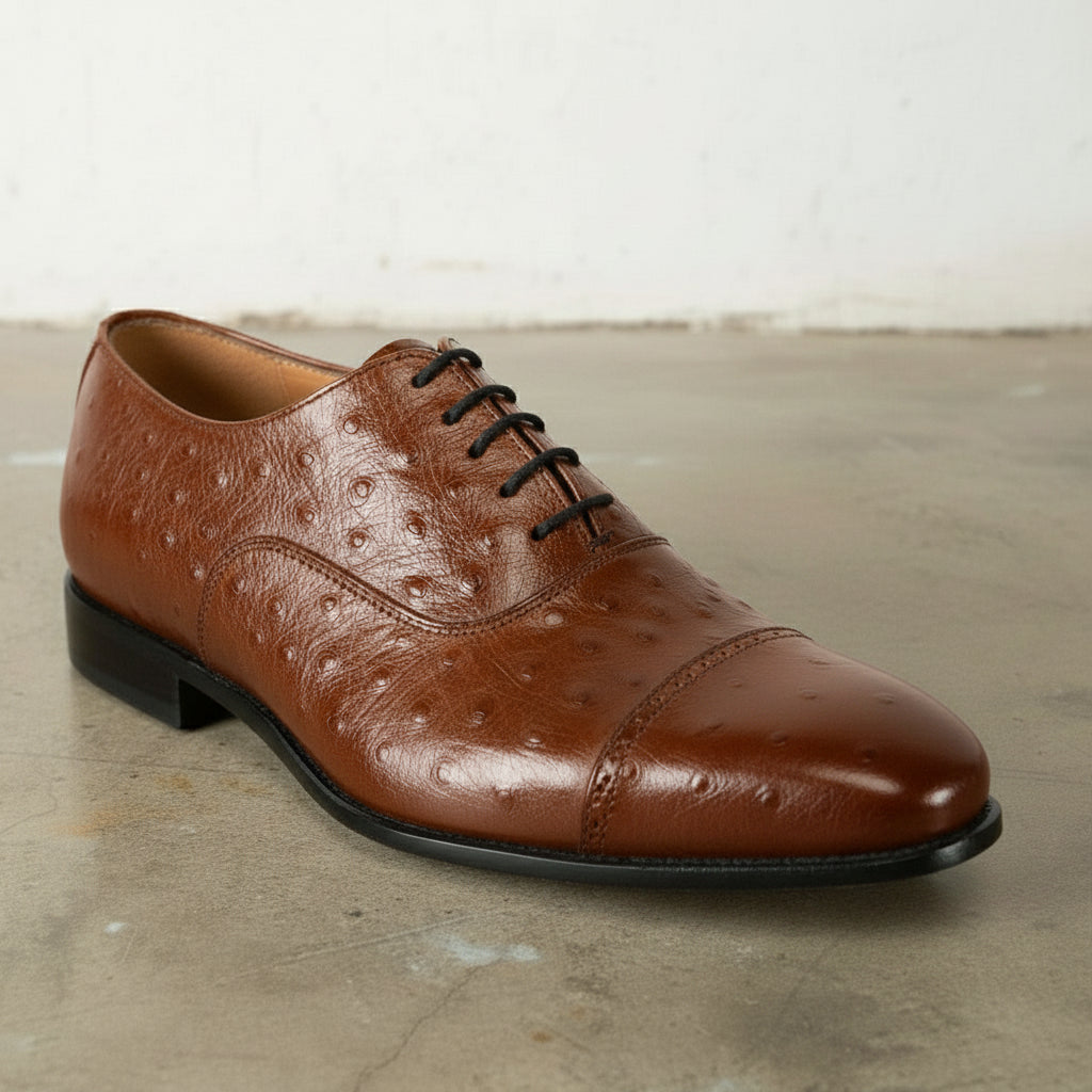 Men's Brown Cap-Toe Ostrich-Embossed Leather Oxfords