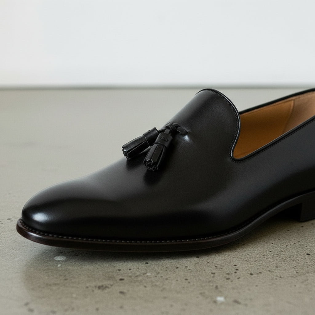 Men's Rich Black Tassel Loafer Handcrafted Calf Leather Dress Shoes