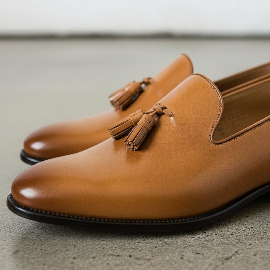 Men's Rich Tan Tassel Loafer Handcrafted Calf Leather Dress Shoes