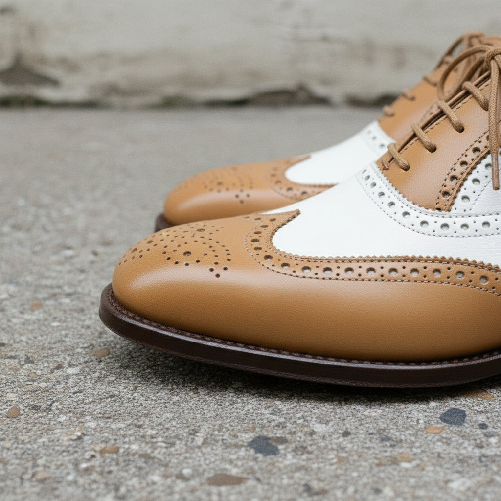 Handmade Mens Two Tone Formal Shoes, Tan and White Spectator Shoes