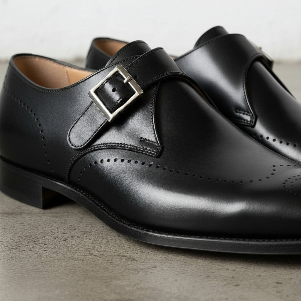 Men's Black Plain-Toe Leather Monk Strap Shoes — Cullis