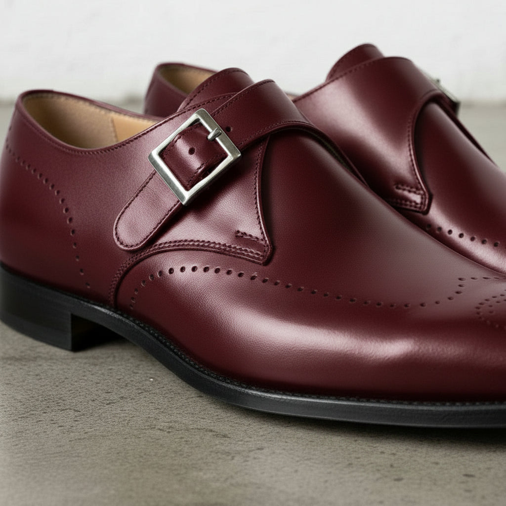 Men's Burgundy Plain-Toe Leather Monk Strap Shoes