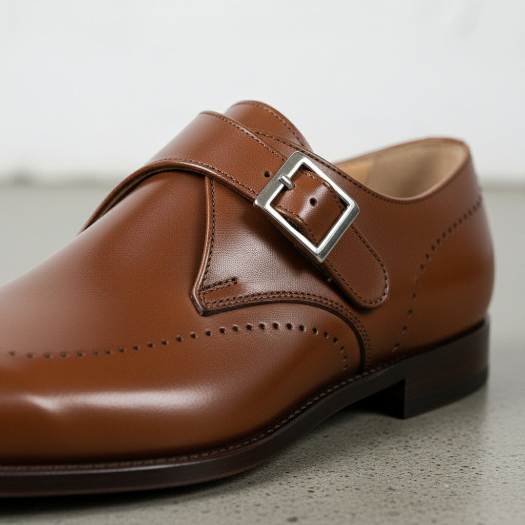 Men's Brown Plain-Toe Leather Monk Strap Shoes