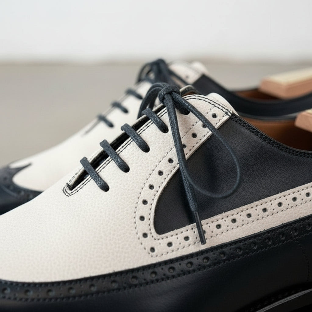 Black and Cream Two-Tone Wingtip Leather Spectator Oxfords