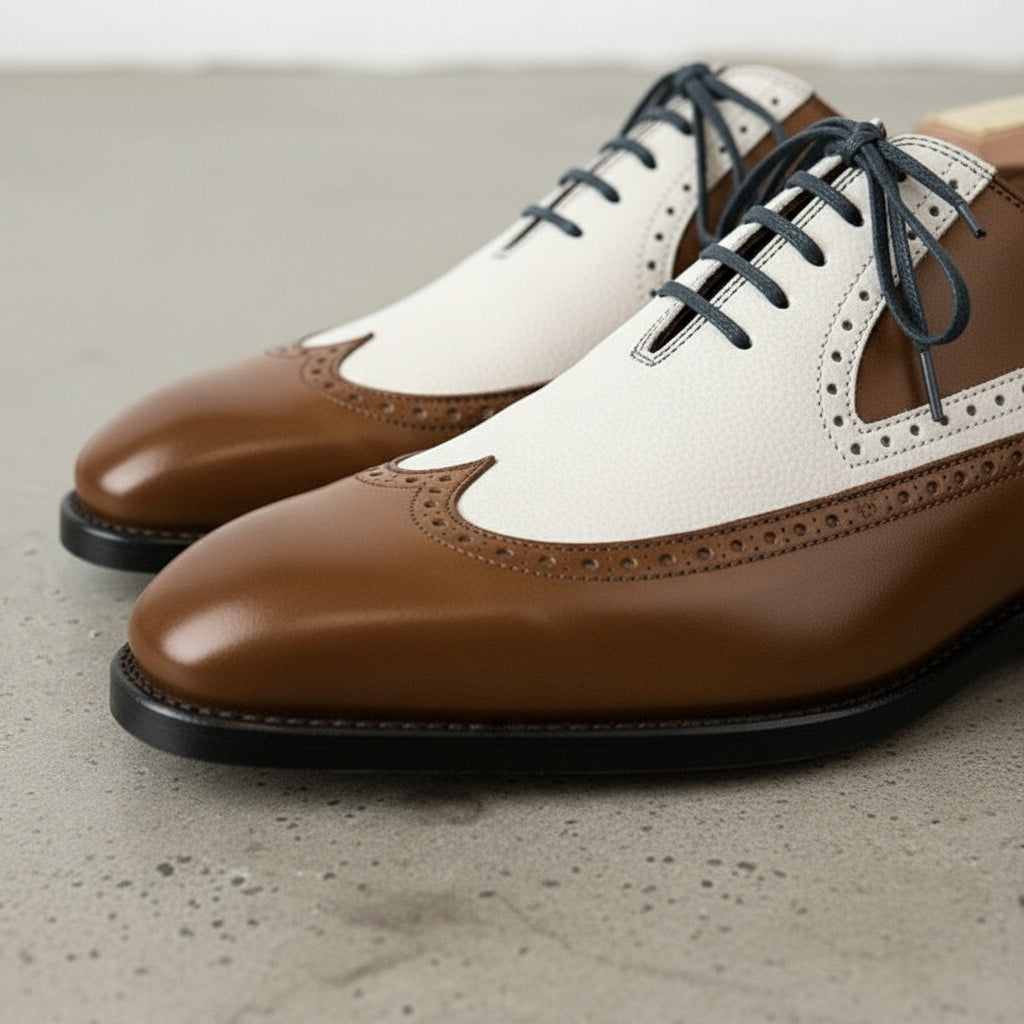 Brown and Cream Two-Tone Wingtip Leather Spectator Oxfords