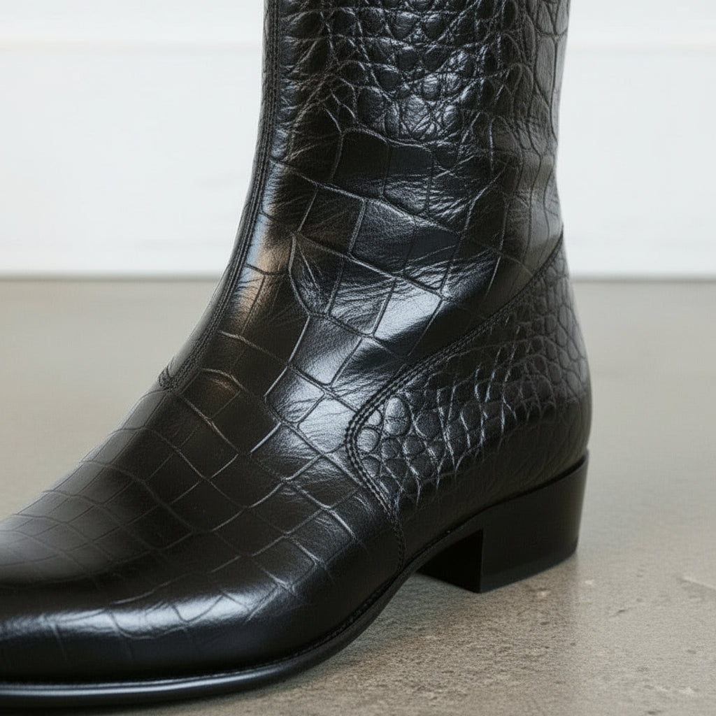 Men's Black Plain-Toe Crocodile-Embossed Leather Ankle Boots