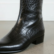 Men's Black Plain-Toe Crocodile-Embossed Leather Ankle Boots