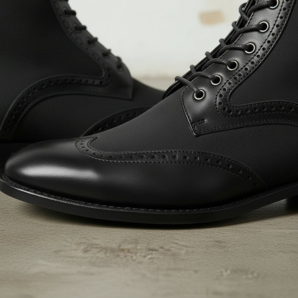 Men's Black Wingtip Leather and Suede Derby Boots