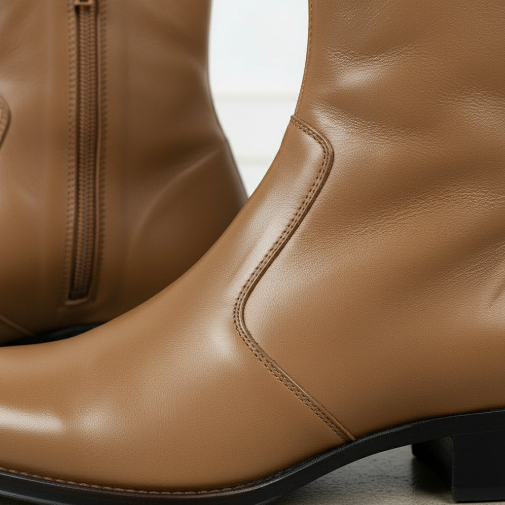 Men's Tan Plain-Toe Zip Leather Ankle Boots