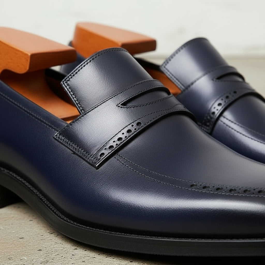 Men's Dark Blue Cap-Toe Leather Penny Loafers