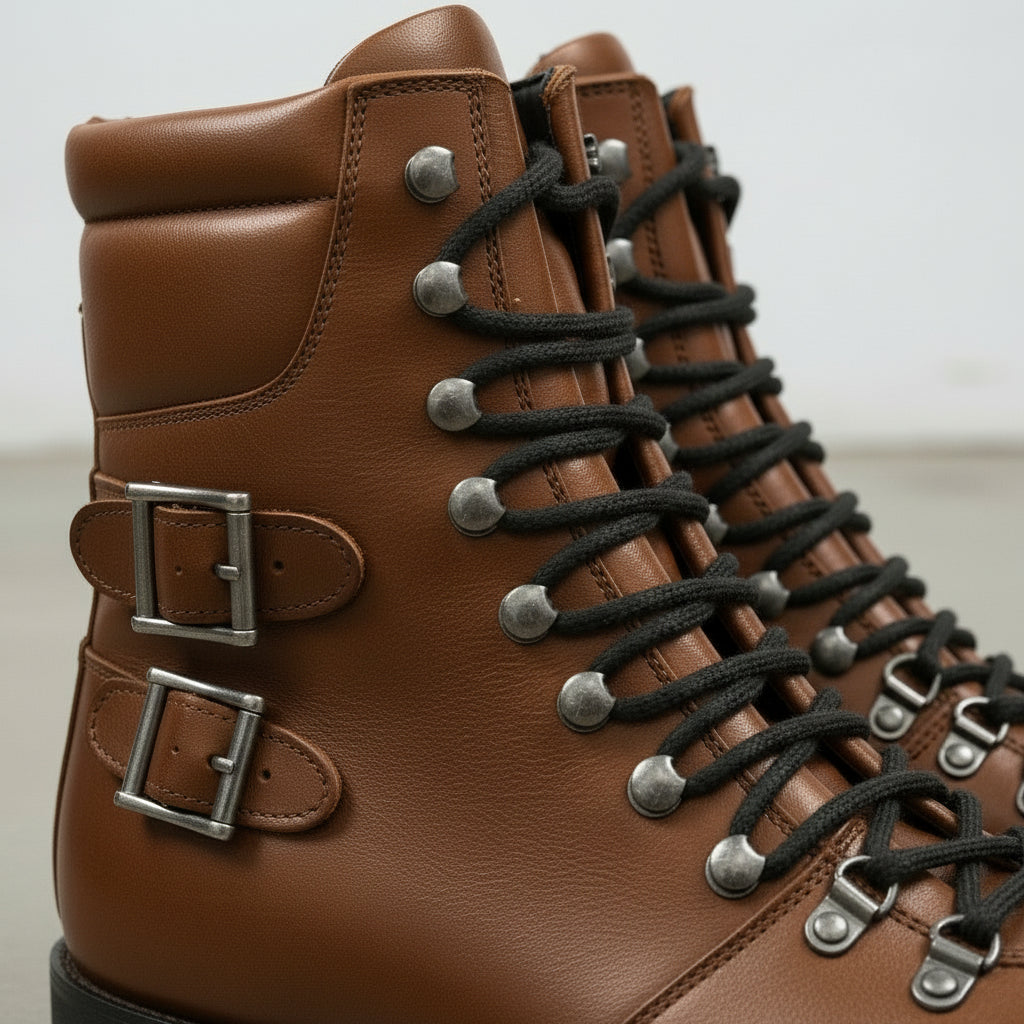 Men's Brown Plain-Toe Leather Hiker Boots