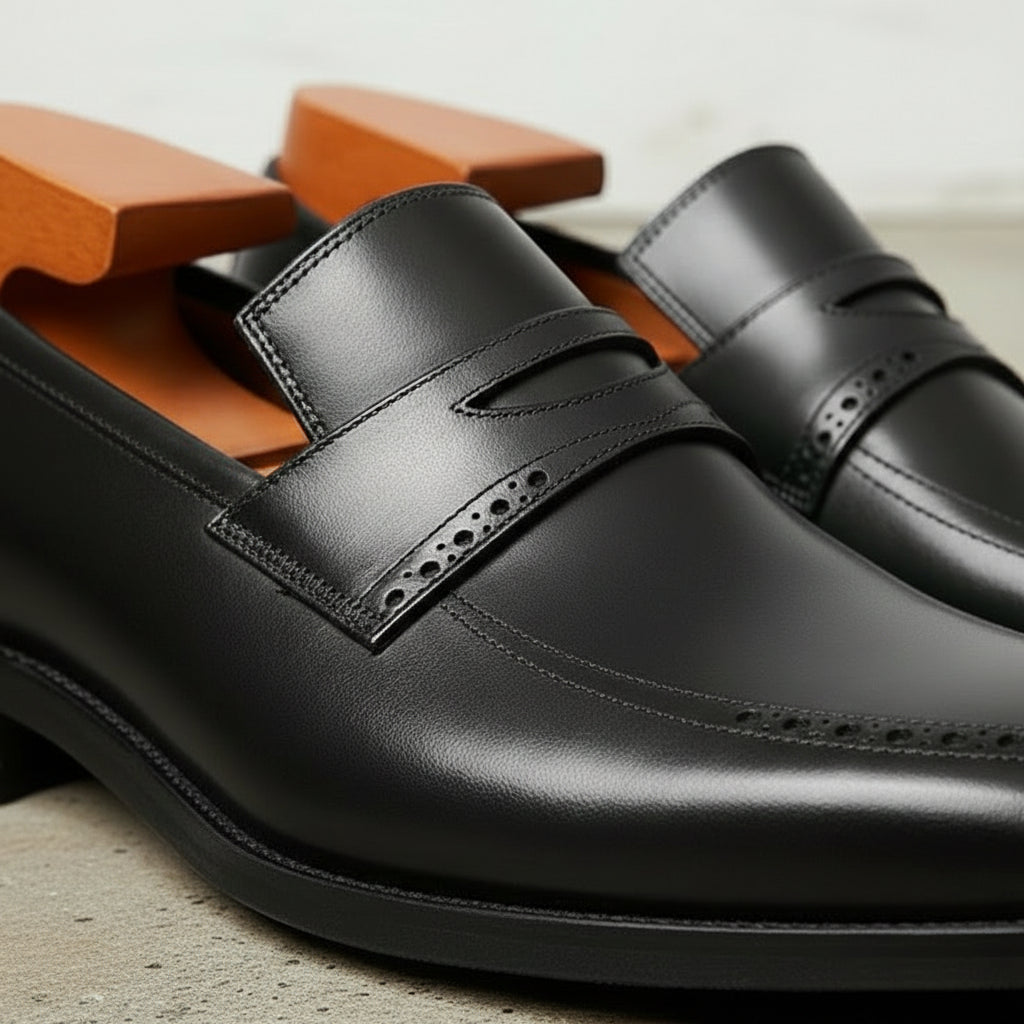 Men's Black Cap-Toe Leather Penny Loafers