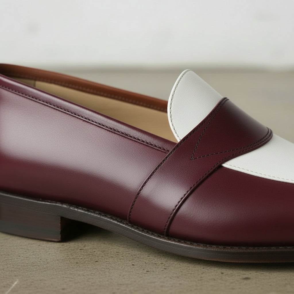 Men's Burgundy and White  Leather Loafers