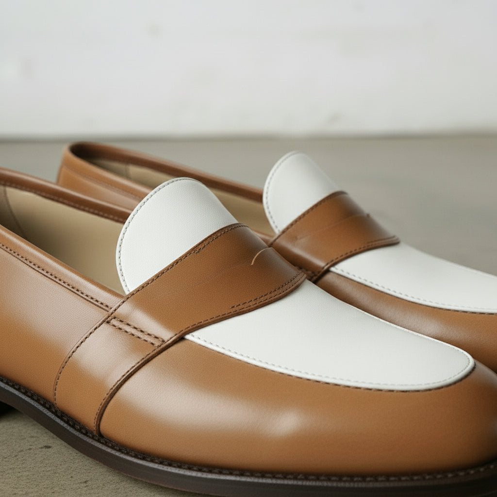 Men's Tan and White Leather Loafers
