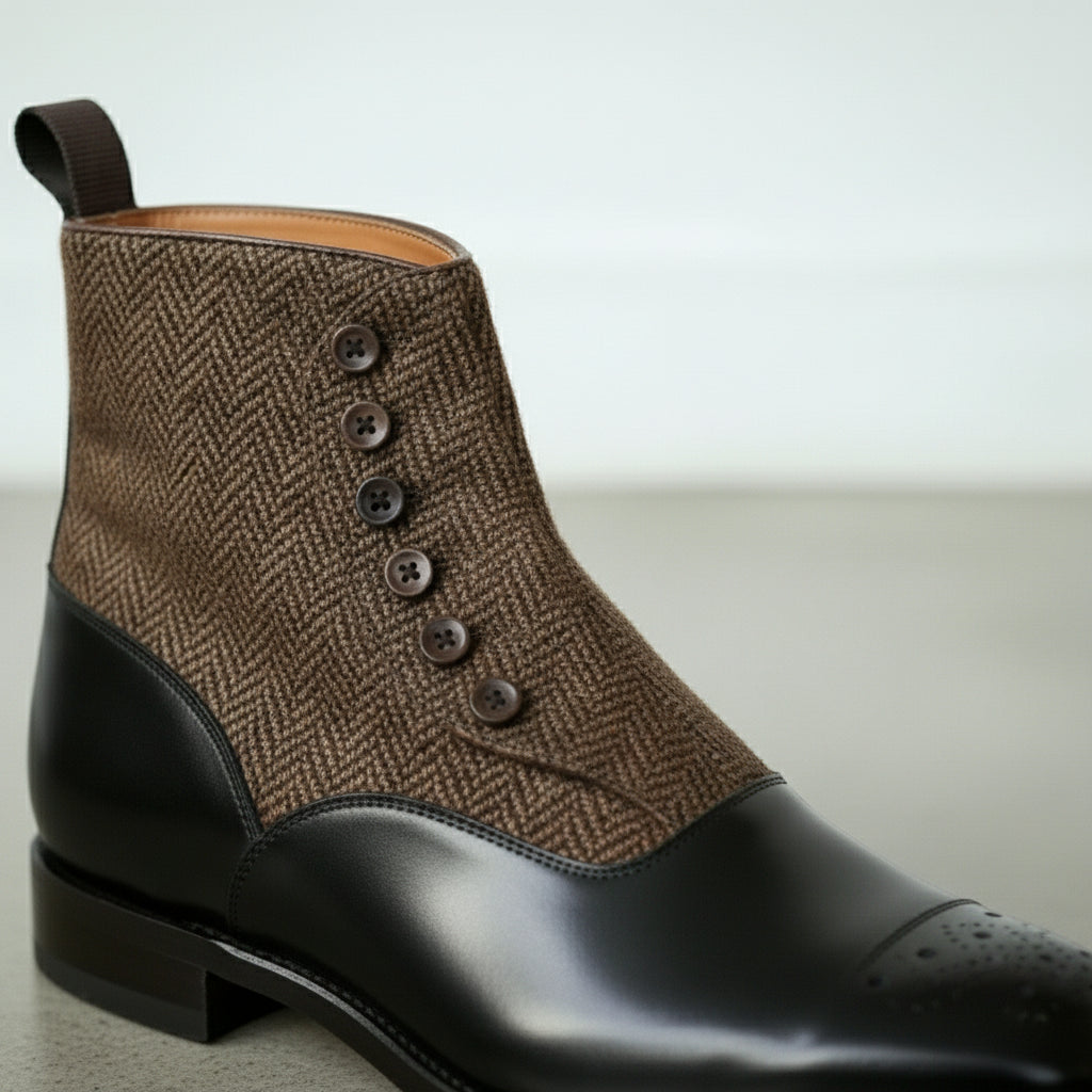 Men's Black Button Leather Boots