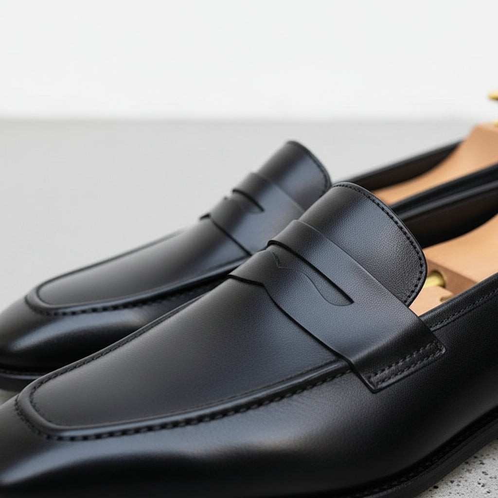 Men's Black Apron-Toe Leather Penny Loafers