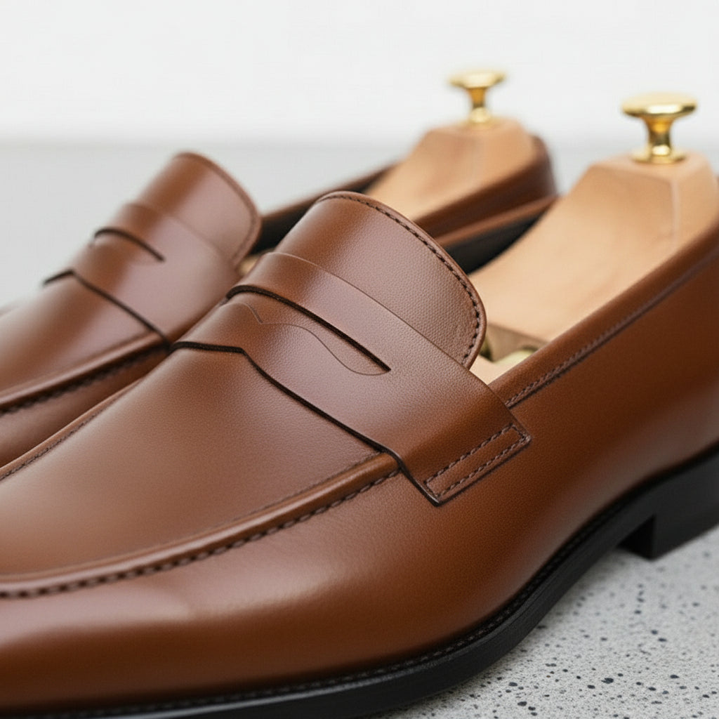 Men's Brown Apron-Toe Leather Penny Loafers
