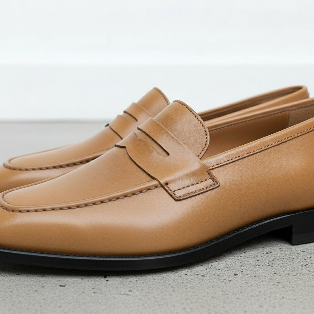 Men's Tan Apron-Toe Leather Penny Loafers