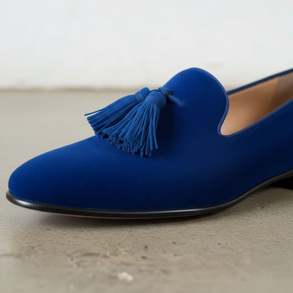 Men's Blue Plain-Toe Suede Tassel Loafers