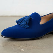 Men's Blue Plain-Toe Suede Tassel Loafers