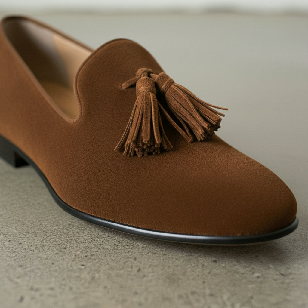 Men's Brown Plain-Toe Suede Tassel Loafers