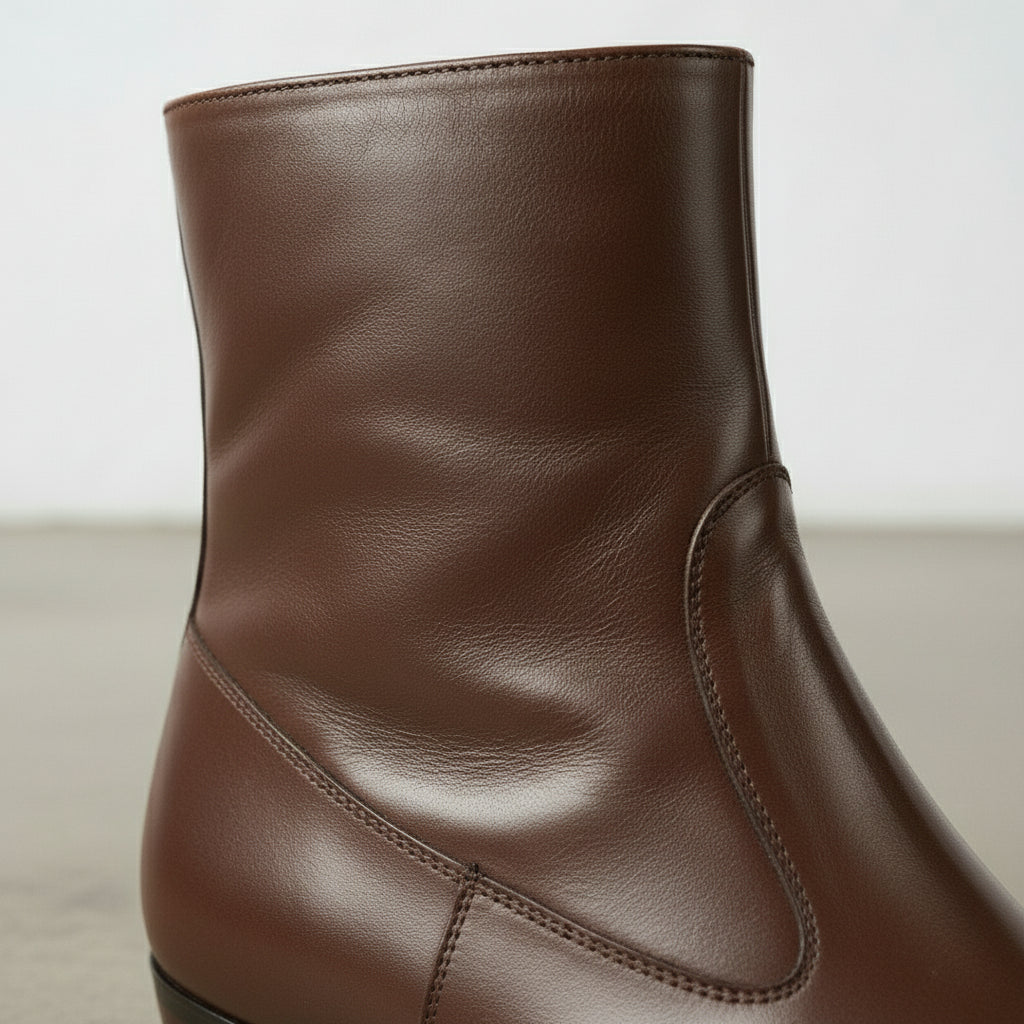 Handmade Men's Brown Ankle Leather Boot with Side Zipper