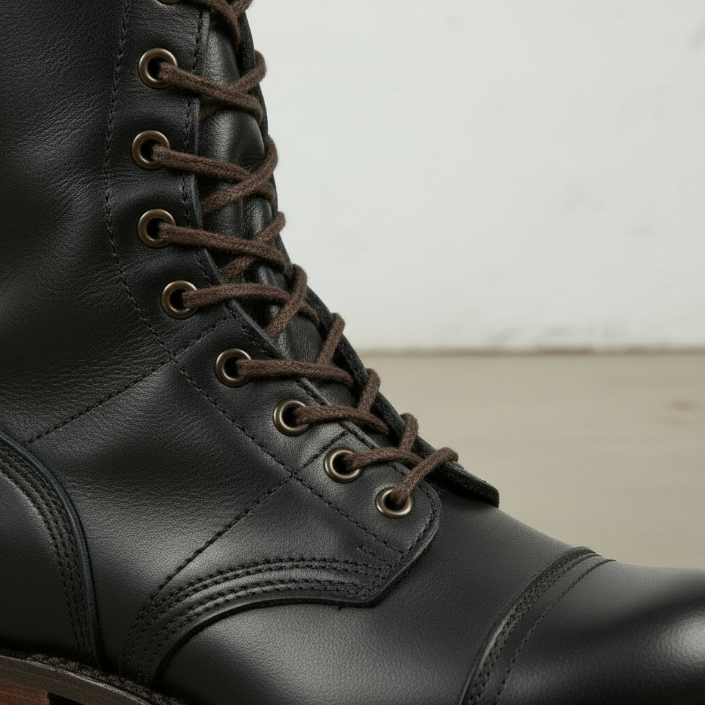 Men's Black Cap-Toe Leather Combat Boots