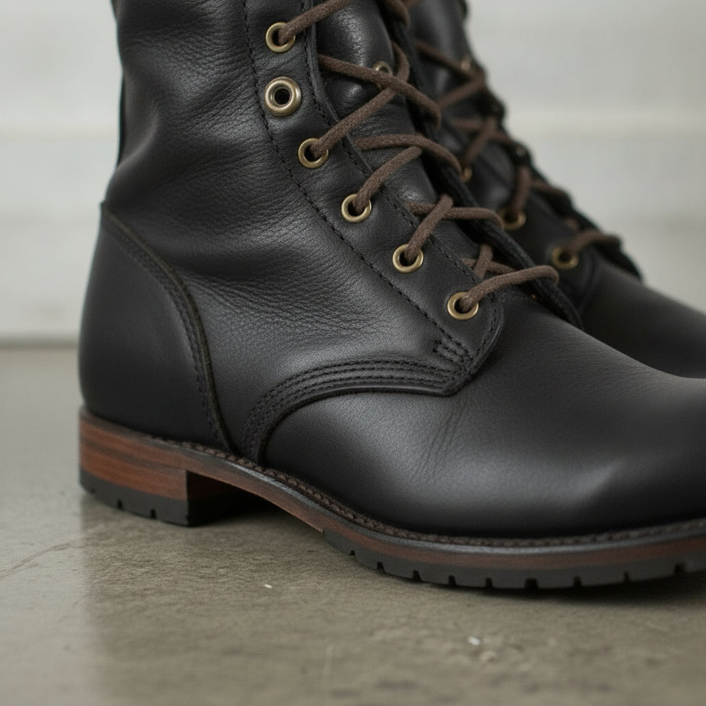 Men's Black Plain-Toe Leather Combat Boots