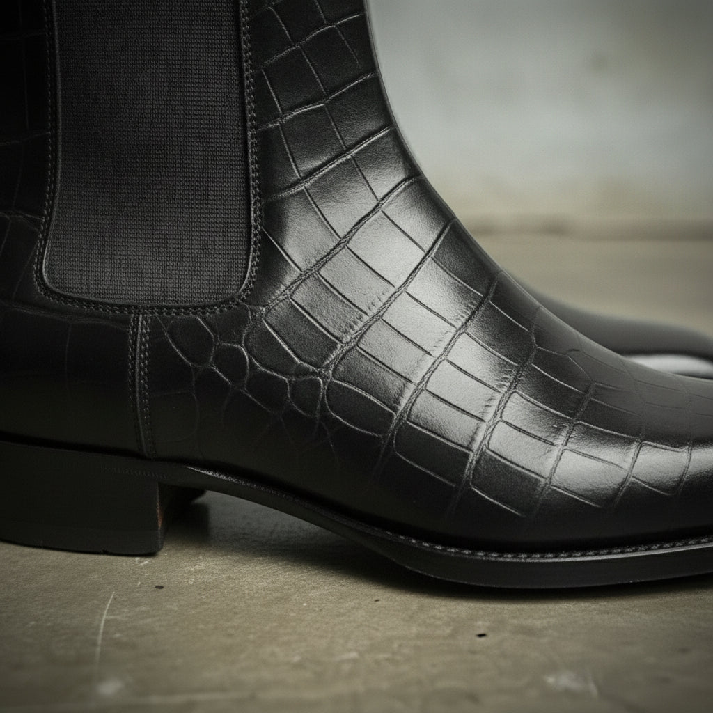 Men's Black Crocodile-Embossed Leather Chelsea Boots
