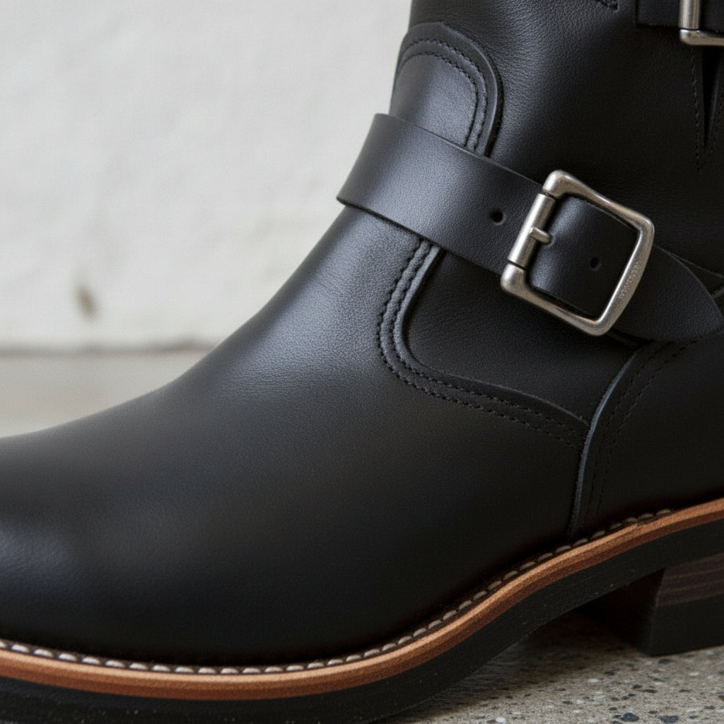 Men's Black Plain-Toe Leather Biker Boots — Chinley